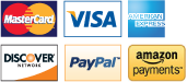 We accept Mastercard, Visa, American Express, Discover, PayPal, and Amazon Payments.